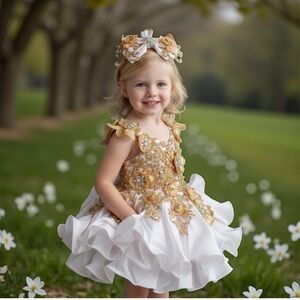 Girls Gold  White Pageant Cupcake Dress with AB Stones Satin & Organza  (3M–3Y)